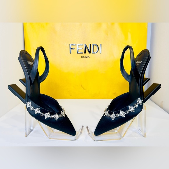 Fendi First Slingback Heels Black Satin With Nero Crystal Size 37.5 Retail$1790 - Picture 1 of 16